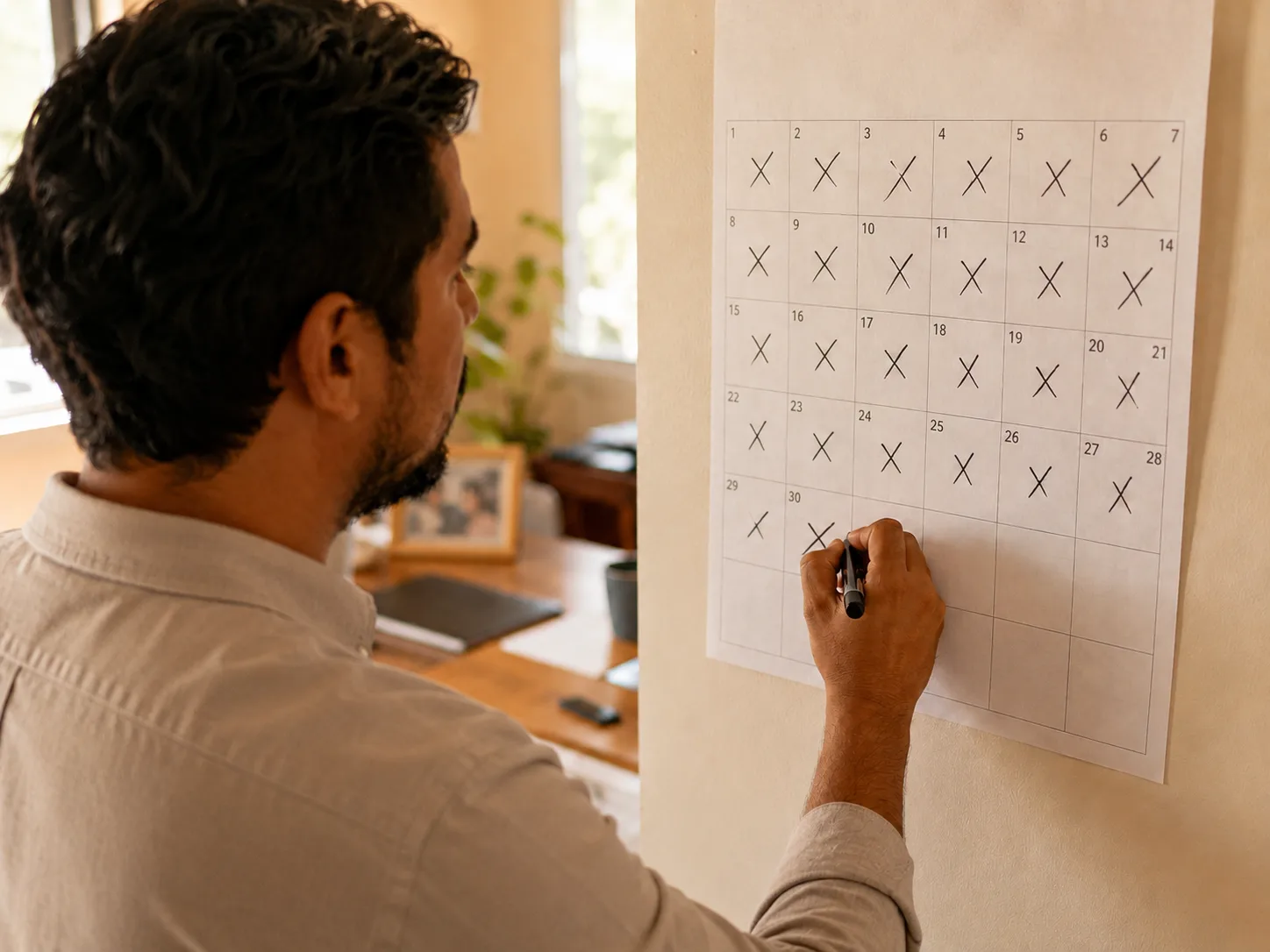 A Latino man in his 30s reaching up to cross off the 30th day on a paper wall calendar, quietly proud