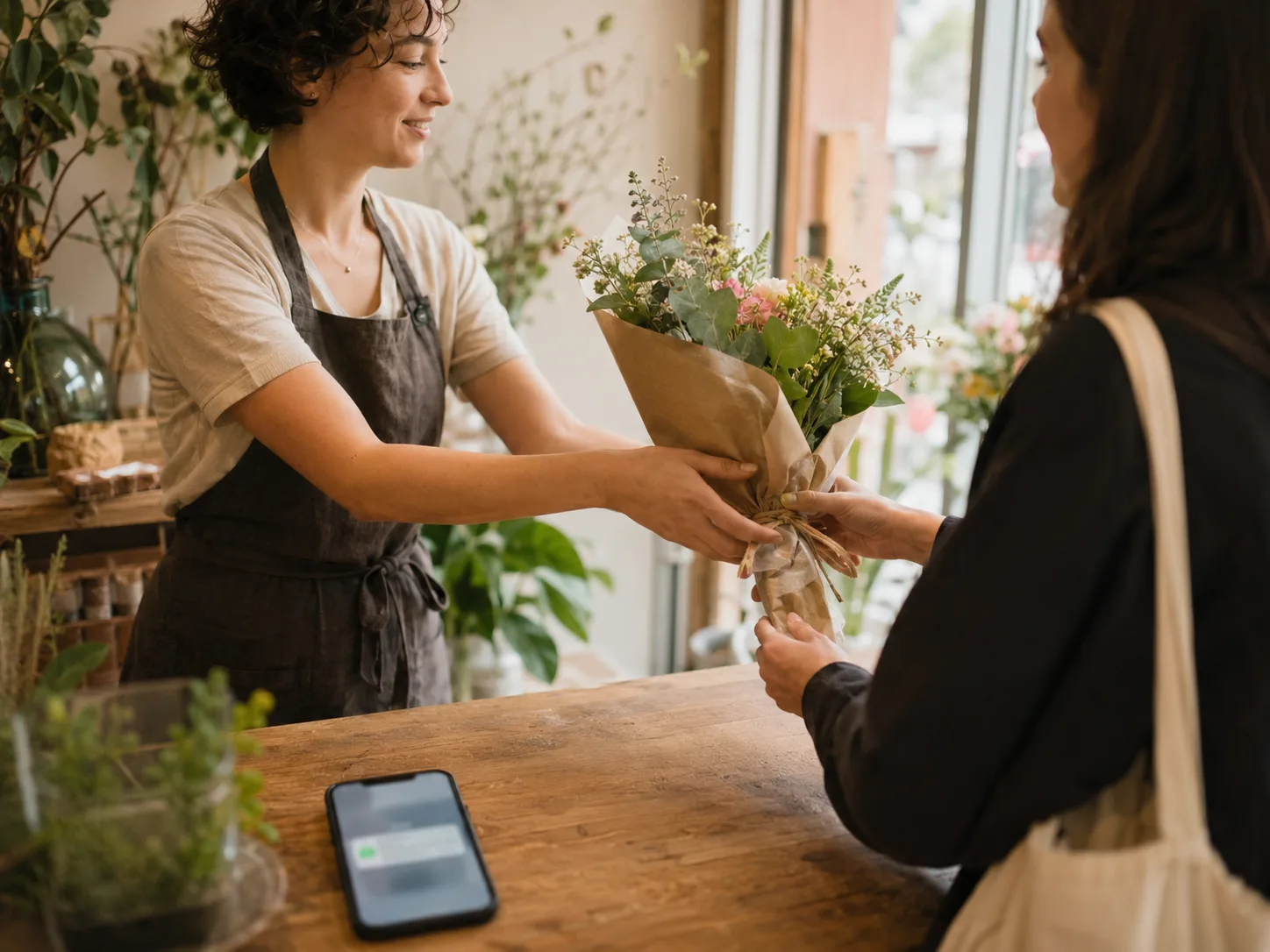 A florist handing a bouquet to a new customer in a sunlit shop, a phone on the counter showing a new-lead notification